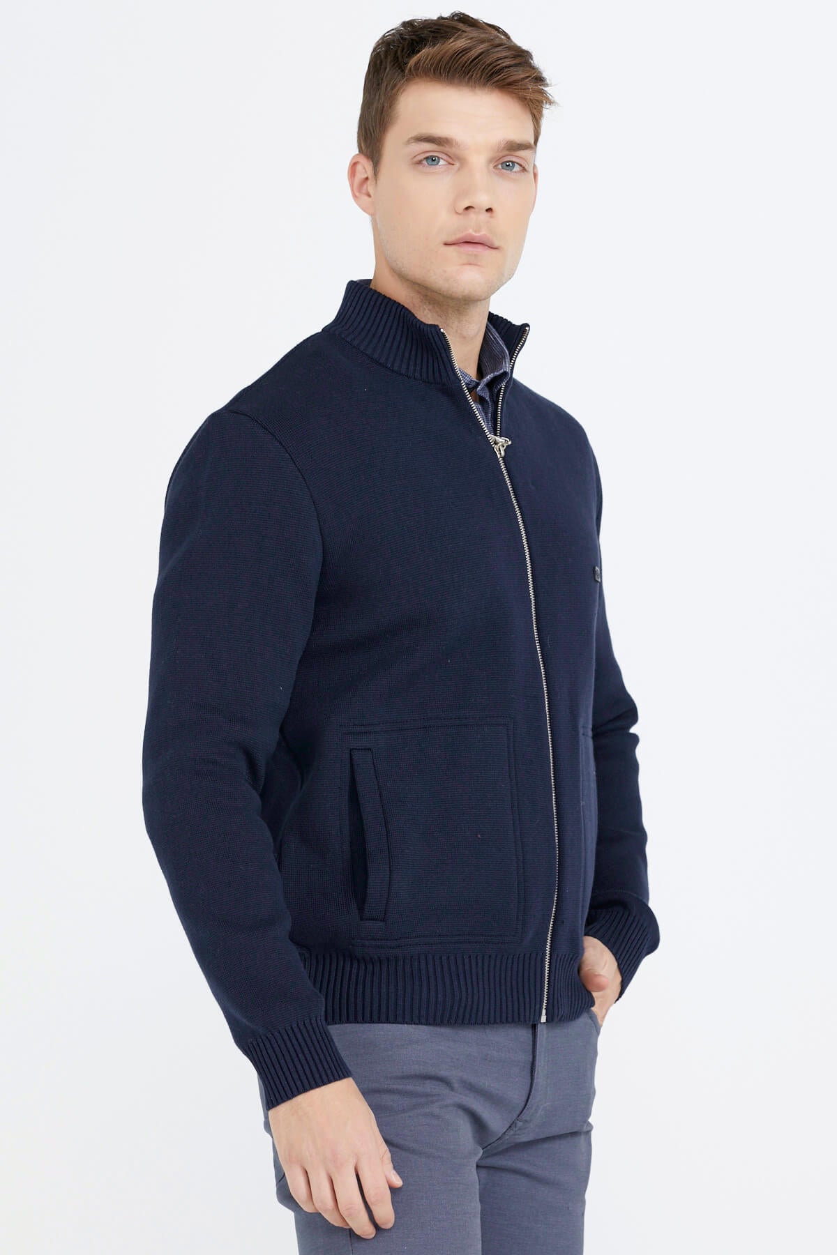 Nakış Detaylı Cepli Erkek Triko Ceket - Lacivert (2) Sementa