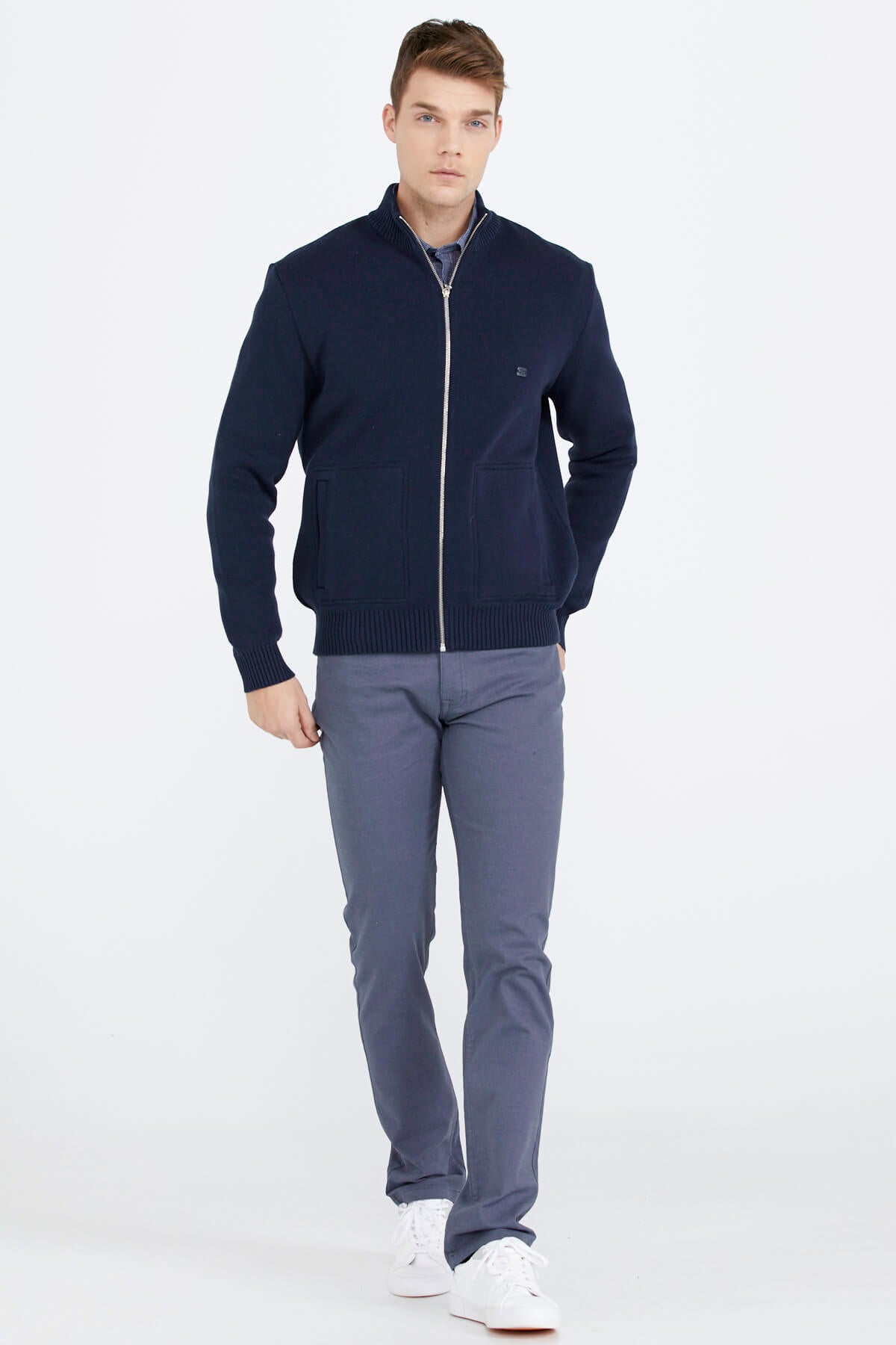 Nakış Detaylı Cepli Erkek Triko Ceket - Lacivert (3) Sementa