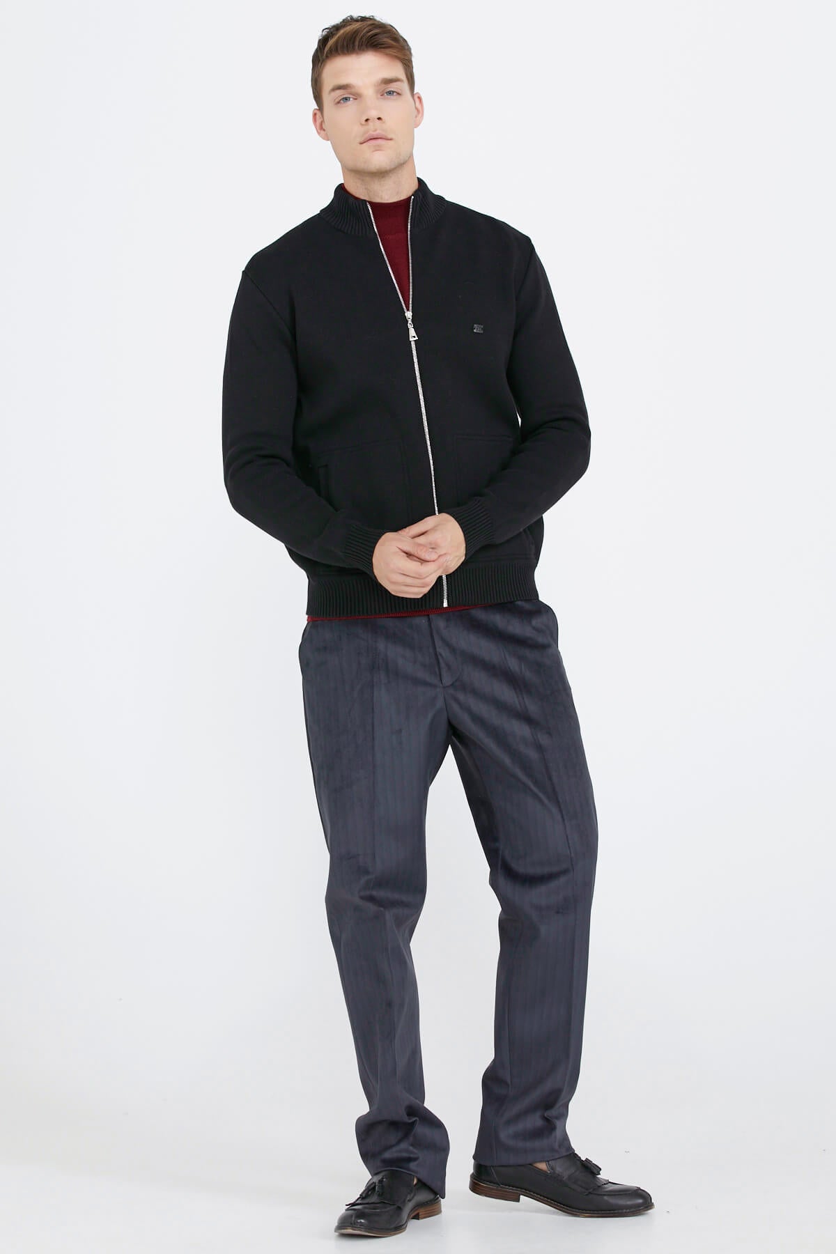 Nakış Detaylı Cepli Erkek Triko Ceket - Siyah (3) Sementa