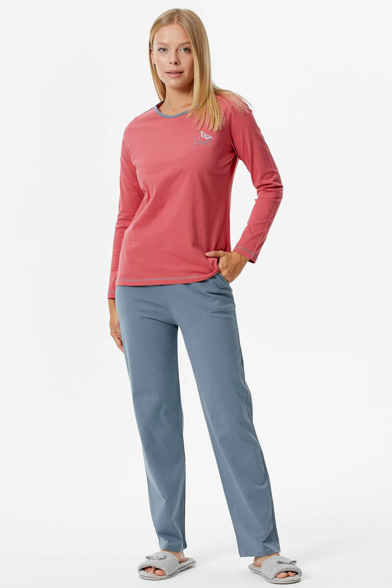 Nakış Detaylı Desenli Pijama Takım - Kiremit - Gri (1) Sementa