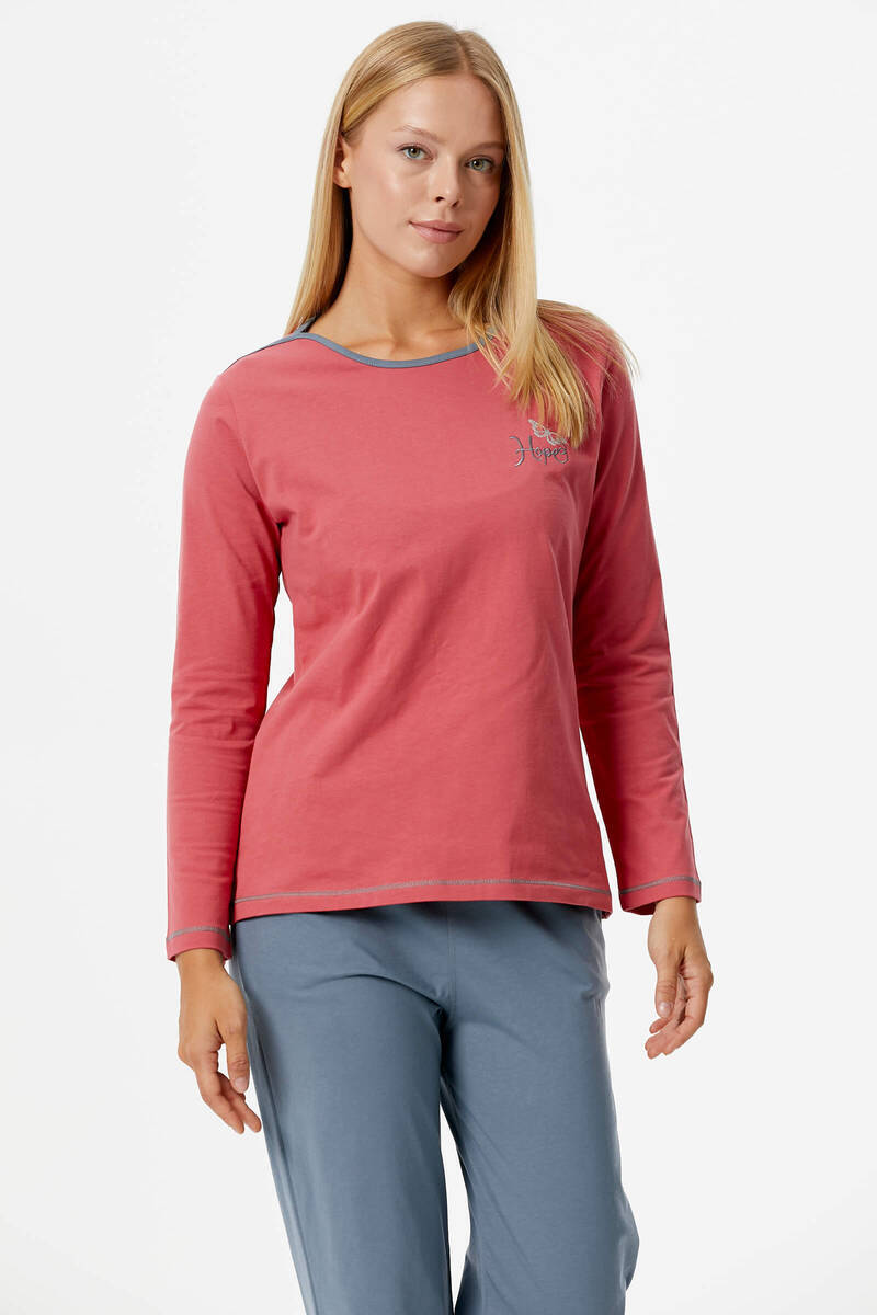 Nakış Detaylı Desenli Pijama Takım - Kiremit - Gri (2) Sementa