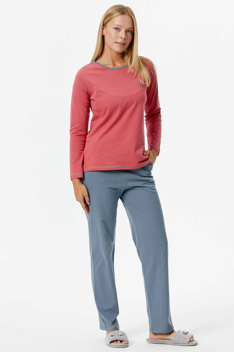 Nakış Detaylı Desenli Pijama Takım - Kiremit - Gri (3) Sementa