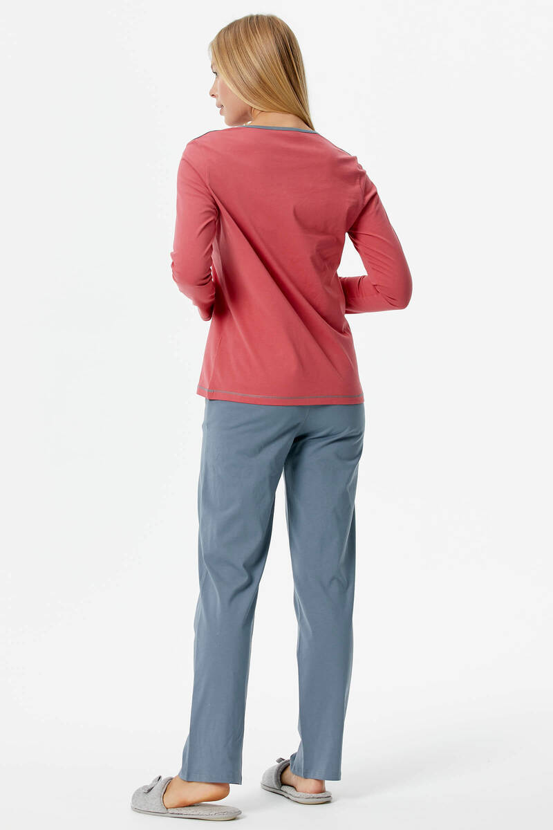 Nakış Detaylı Desenli Pijama Takım - Kiremit - Gri (4) Sementa