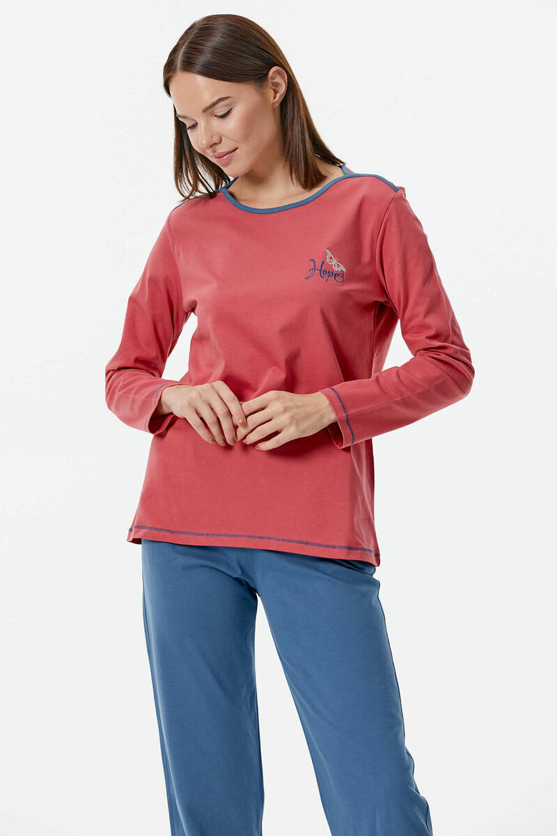 Nakış Detaylı Desenli Pijama Takım - Kiremit - Indigo (1) Sementa