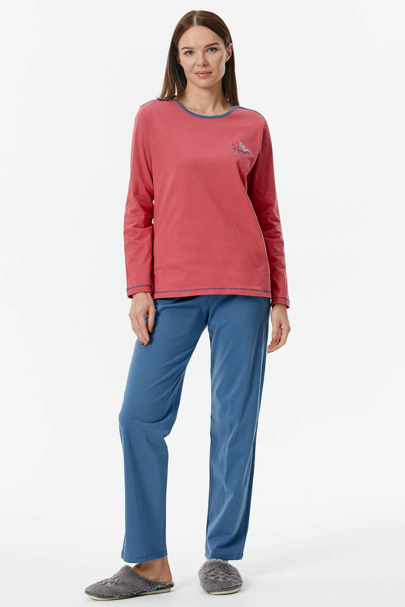 Nakış Detaylı Desenli Pijama Takım - Kiremit - Indigo (2) Sementa