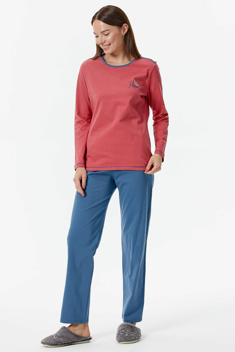 Nakış Detaylı Desenli Pijama Takım - Kiremit - Indigo (3) Sementa