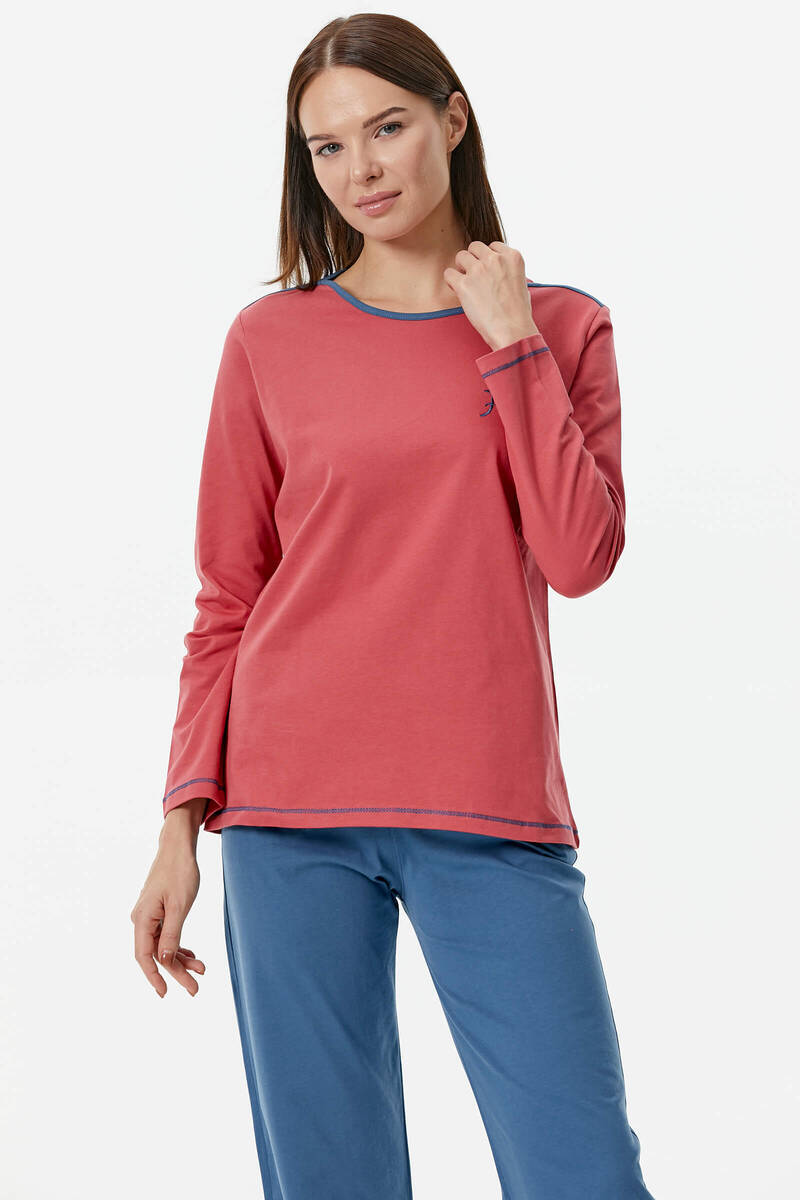 Nakış Detaylı Desenli Pijama Takım - Kiremit - Indigo (4) Sementa