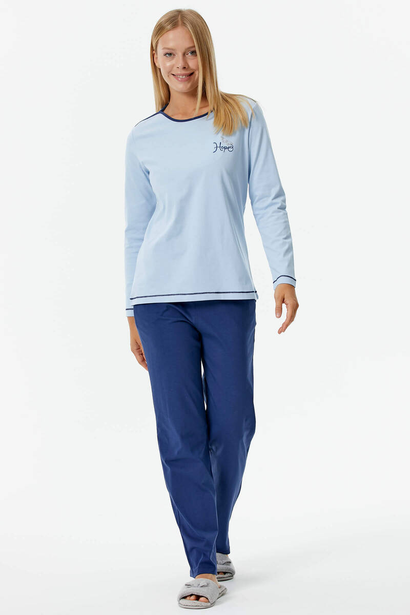 Nakış Detaylı Desenli Pijama Takım - Mavi - Açık Lacivert (1) Sementa
