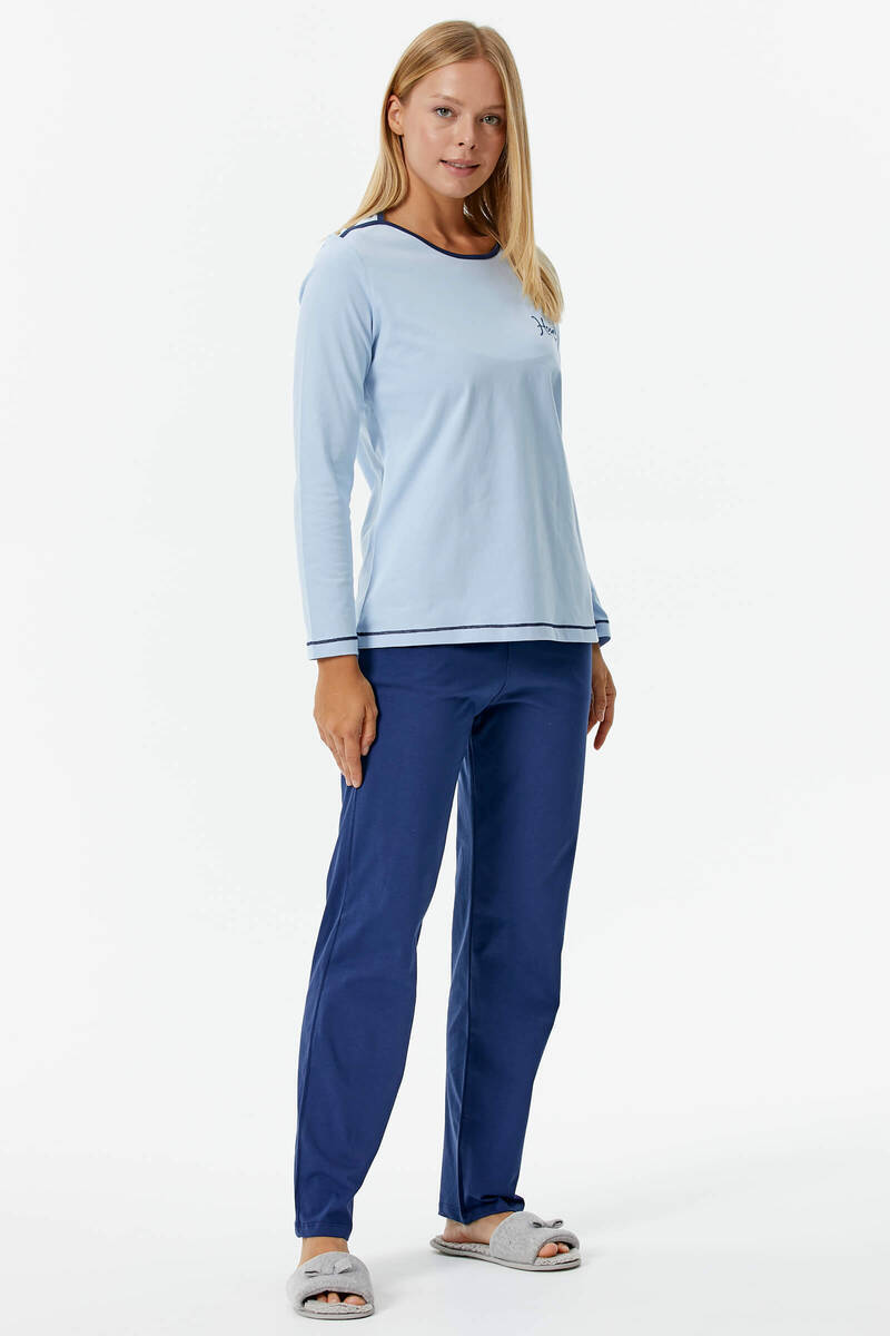 Nakış Detaylı Desenli Pijama Takım - Mavi - Açık Lacivert (2) Sementa