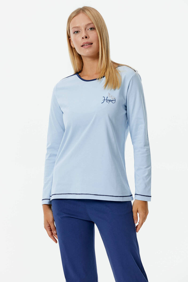 Nakış Detaylı Desenli Pijama Takım - Mavi - Açık Lacivert (3) Sementa