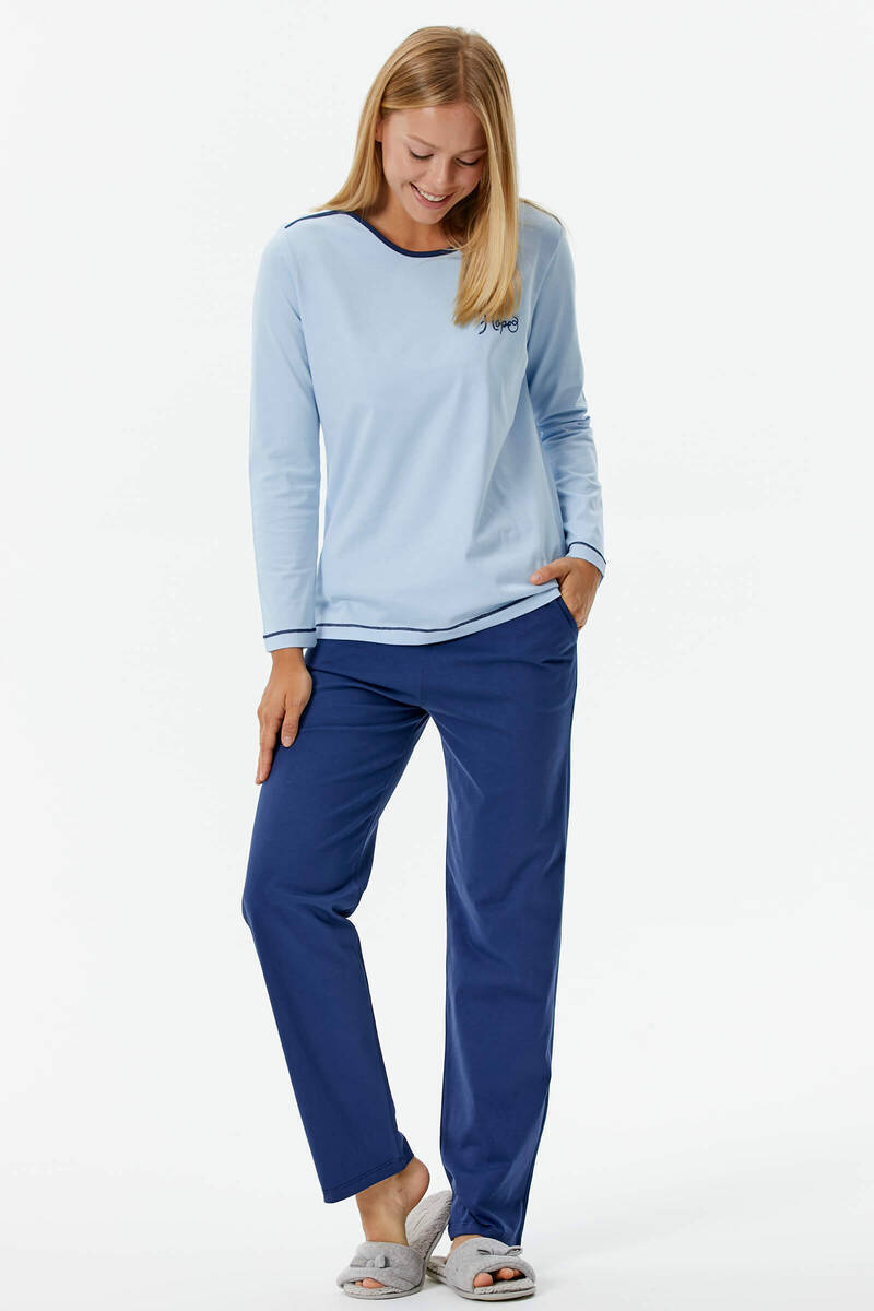 Nakış Detaylı Desenli Pijama Takım - Mavi - Açık Lacivert (4) Sementa