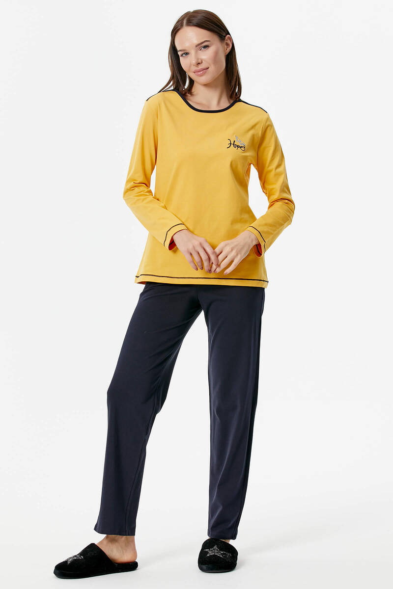 Nakış Detaylı Desenli Pijama Takım - Sarı - Koyu Lacivert (1) Sementa