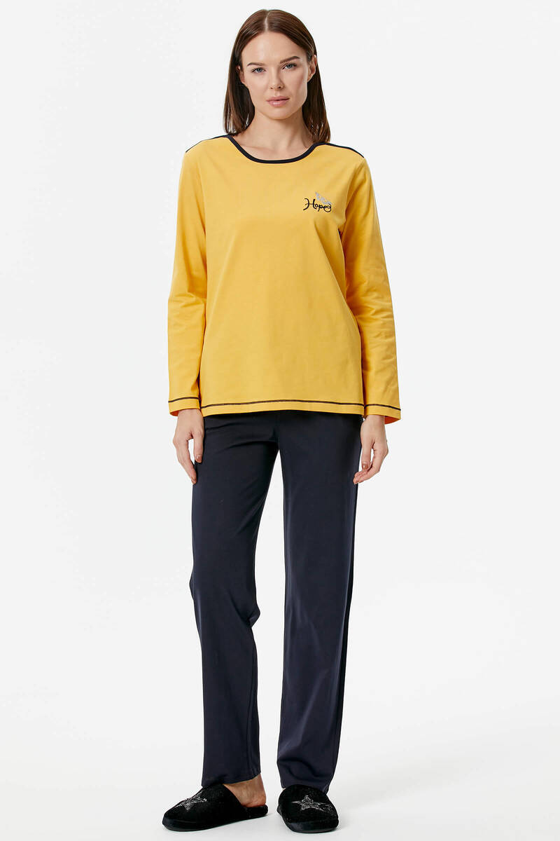 Nakış Detaylı Desenli Pijama Takım - Sarı - Koyu Lacivert (2) Sementa