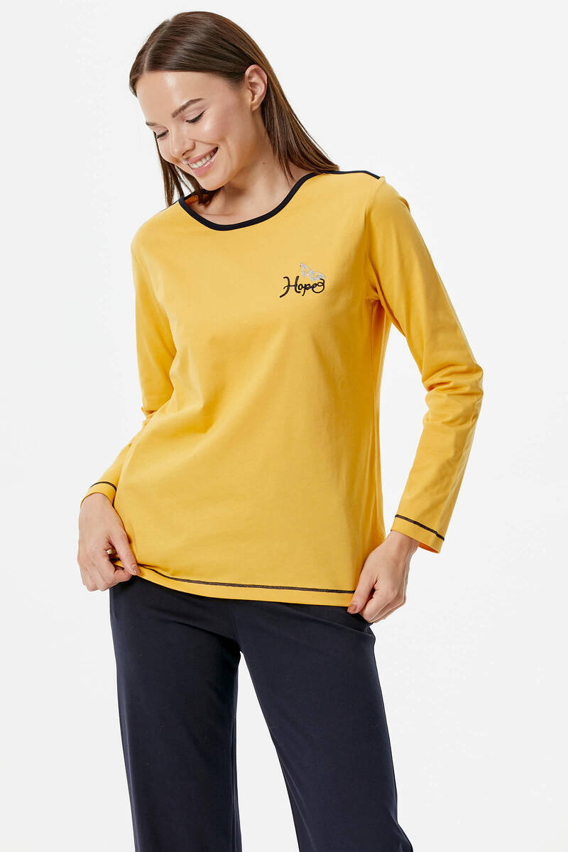 Nakış Detaylı Desenli Pijama Takım - Sarı - Koyu Lacivert (3) Sementa