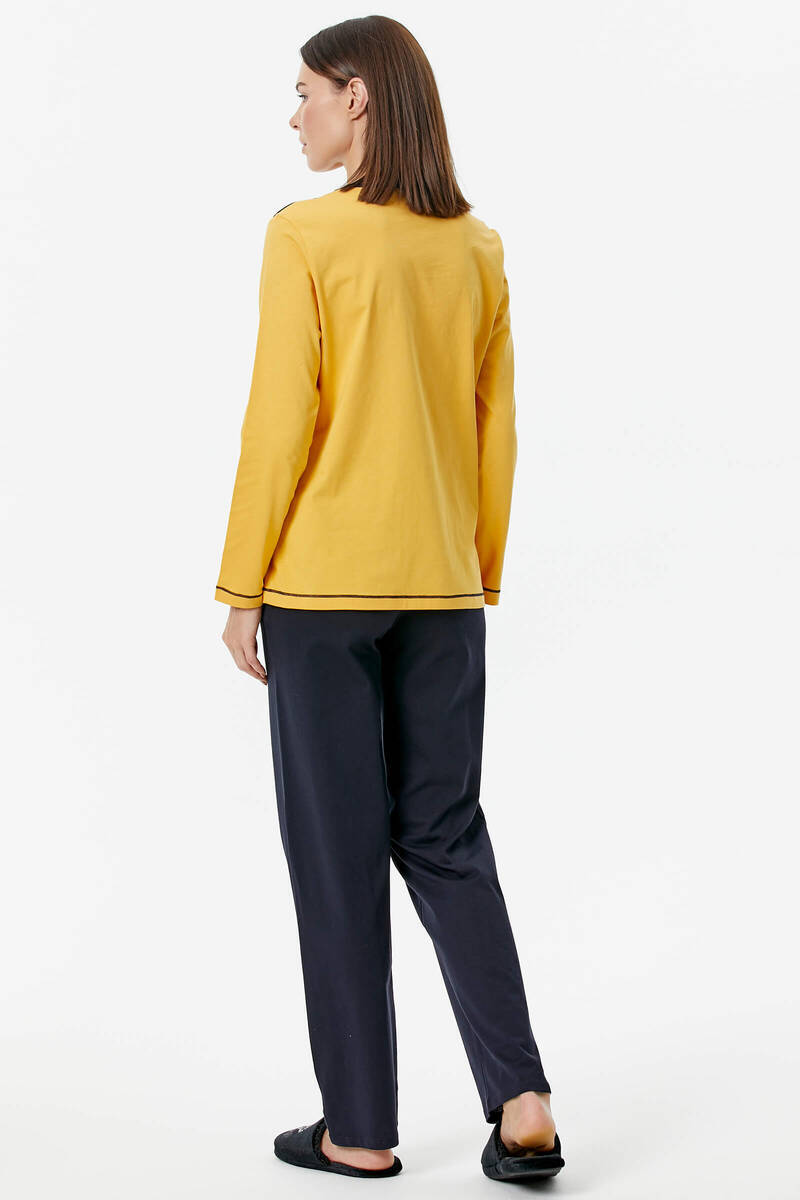 Nakış Detaylı Desenli Pijama Takım - Sarı - Koyu Lacivert (4) Sementa