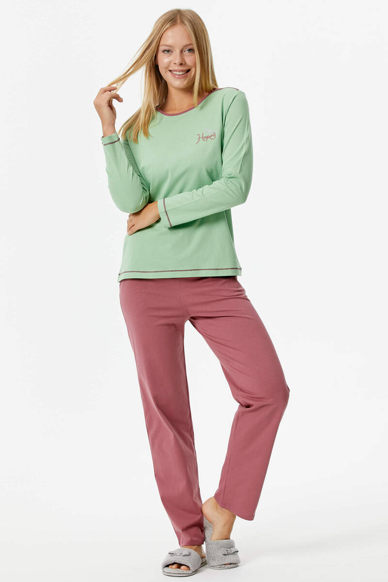 Nakış Detaylı Desenli Pijama Takım - Yeşil - Gül Kurusu (1) Sementa