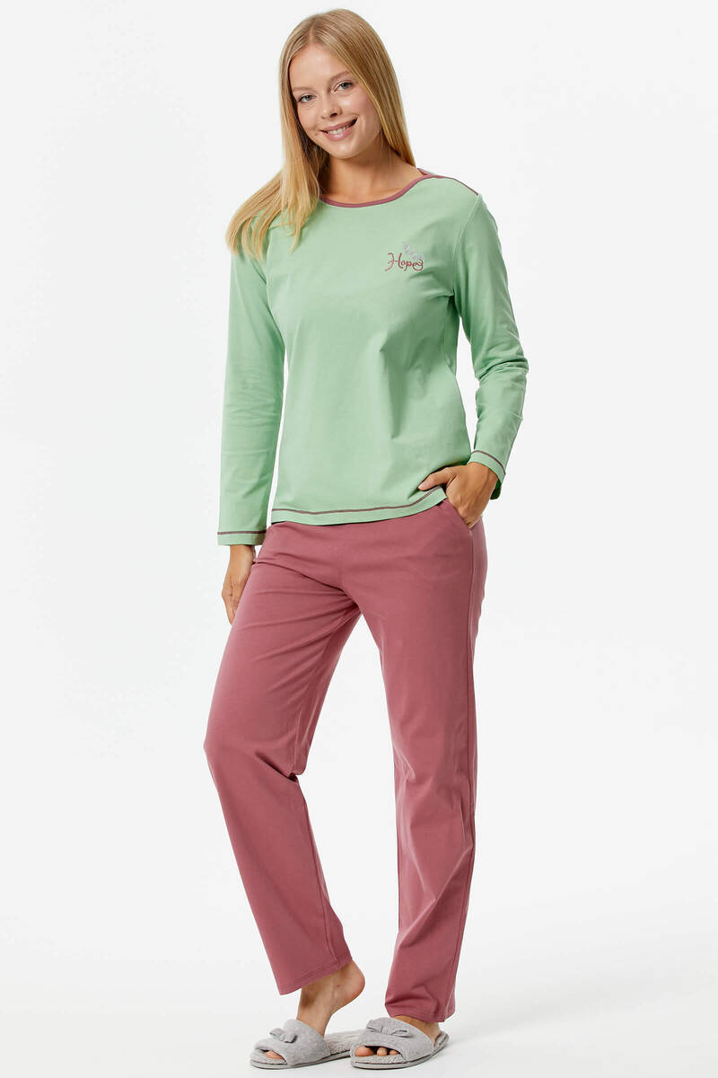 Nakış Detaylı Desenli Pijama Takım - Yeşil - Gül Kurusu (2) Sementa