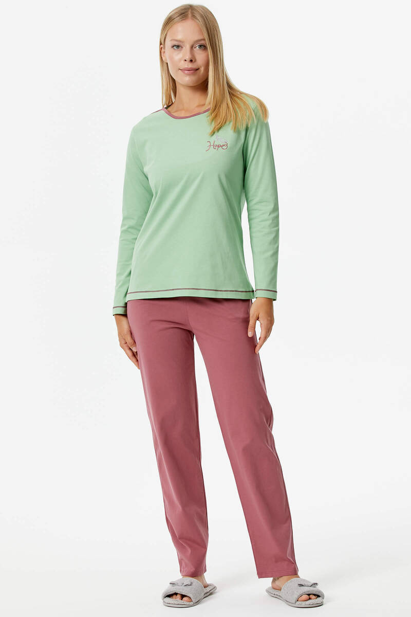 Nakış Detaylı Desenli Pijama Takım - Yeşil - Gül Kurusu (3) Sementa