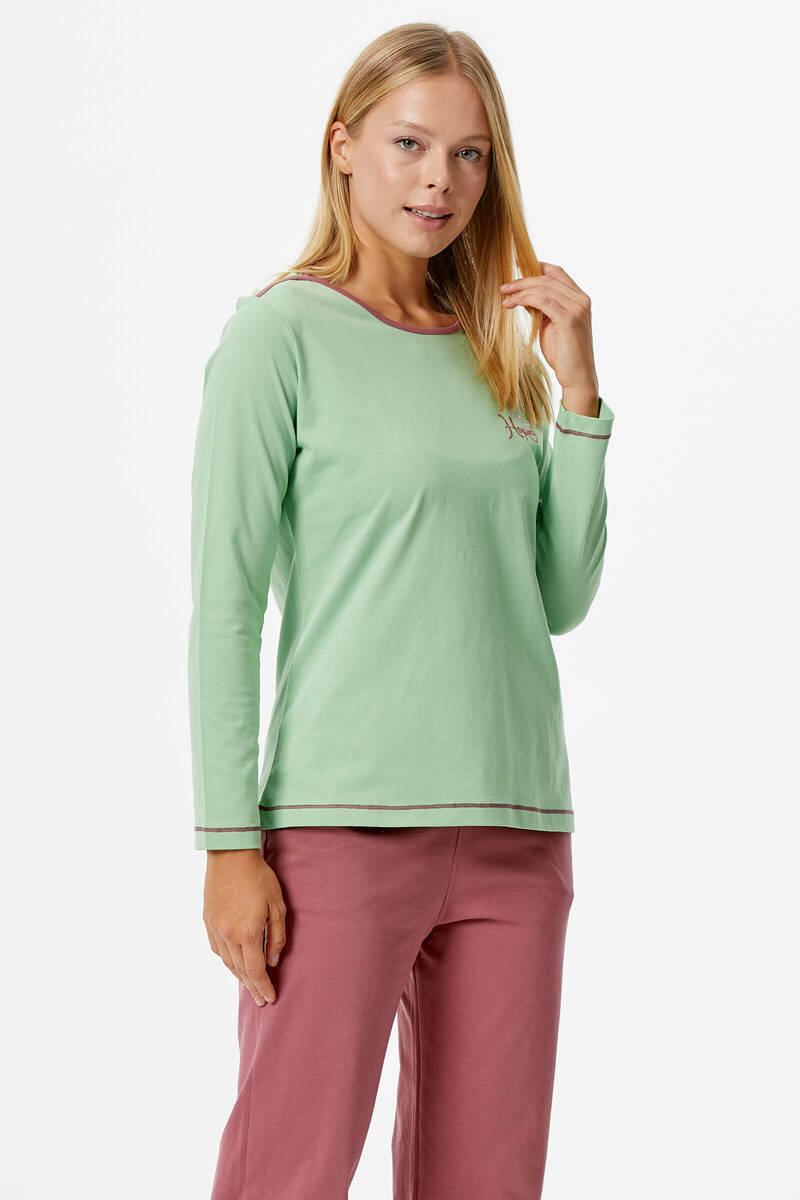 Nakış Detaylı Desenli Pijama Takım - Yeşil - Gül Kurusu (4) Sementa