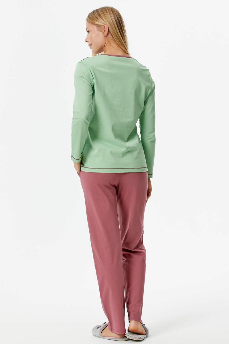 Nakış Detaylı Desenli Pijama Takım - Yeşil - Gül Kurusu (5) Sementa