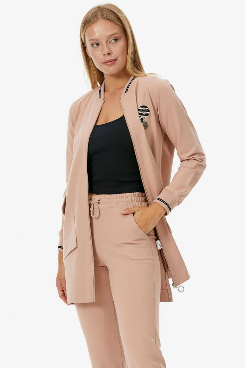 Önden Fermuarlı Nakış Detaylı Cepli Takım - Pudra (2) Sementa