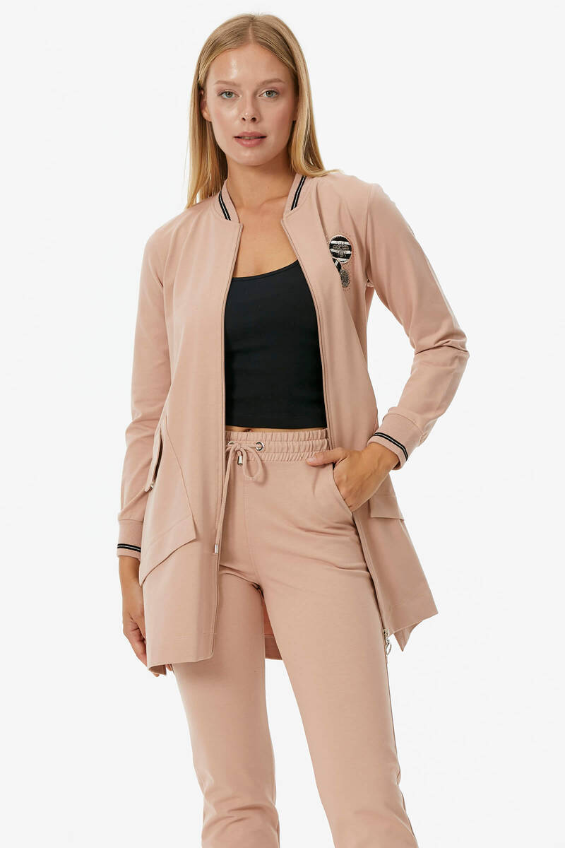 Önden Fermuarlı Nakış Detaylı Cepli Takım - Pudra (3) Sementa