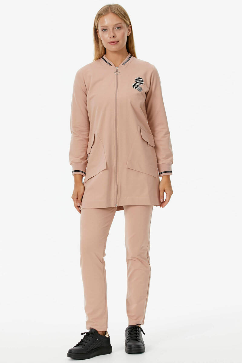 Önden Fermuarlı Nakış Detaylı Cepli Takım - Pudra (4) Sementa