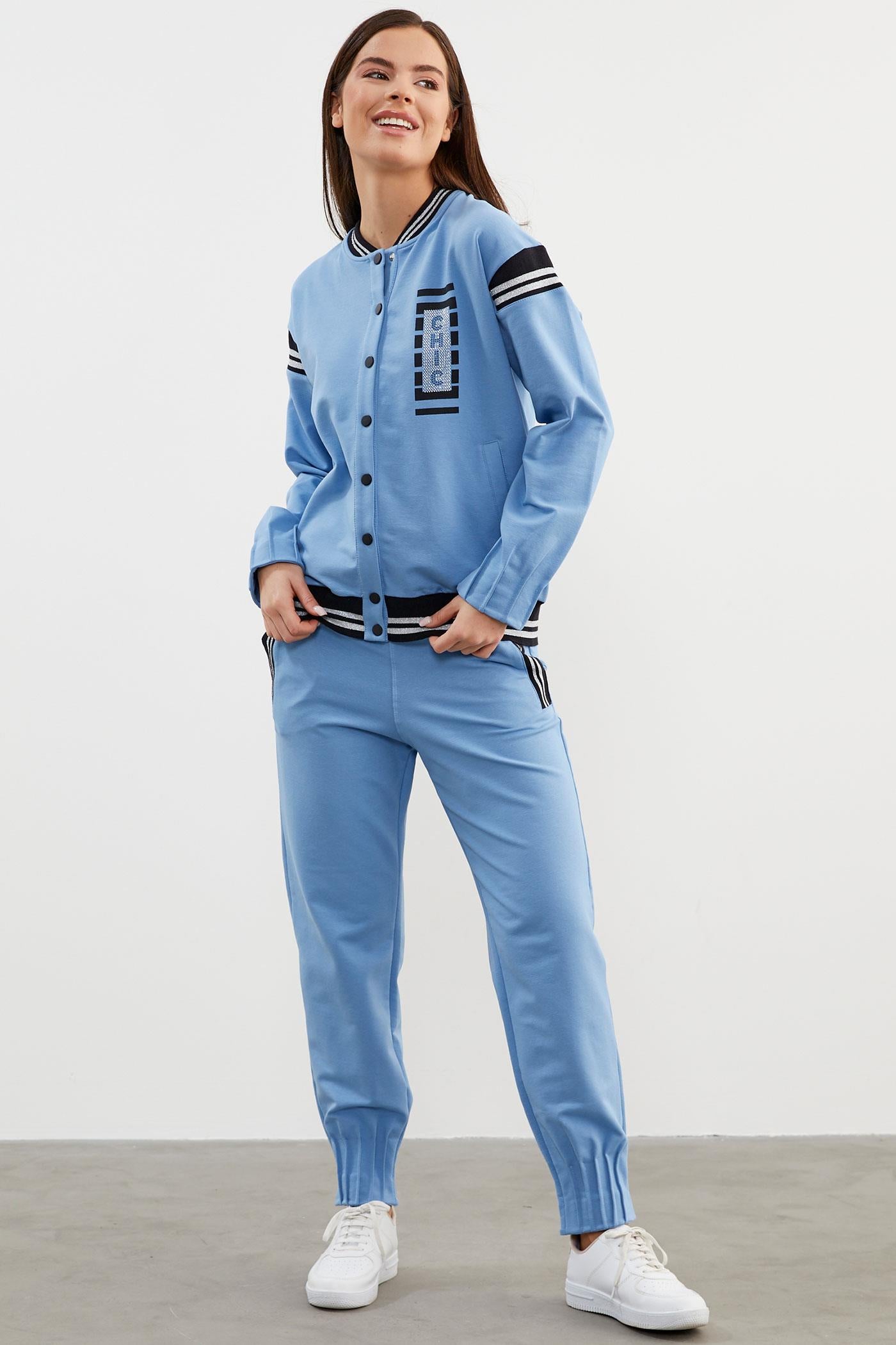Örme Detaylı Paçası Piliseli Eşofman Takım - Mavi (3) Sementa