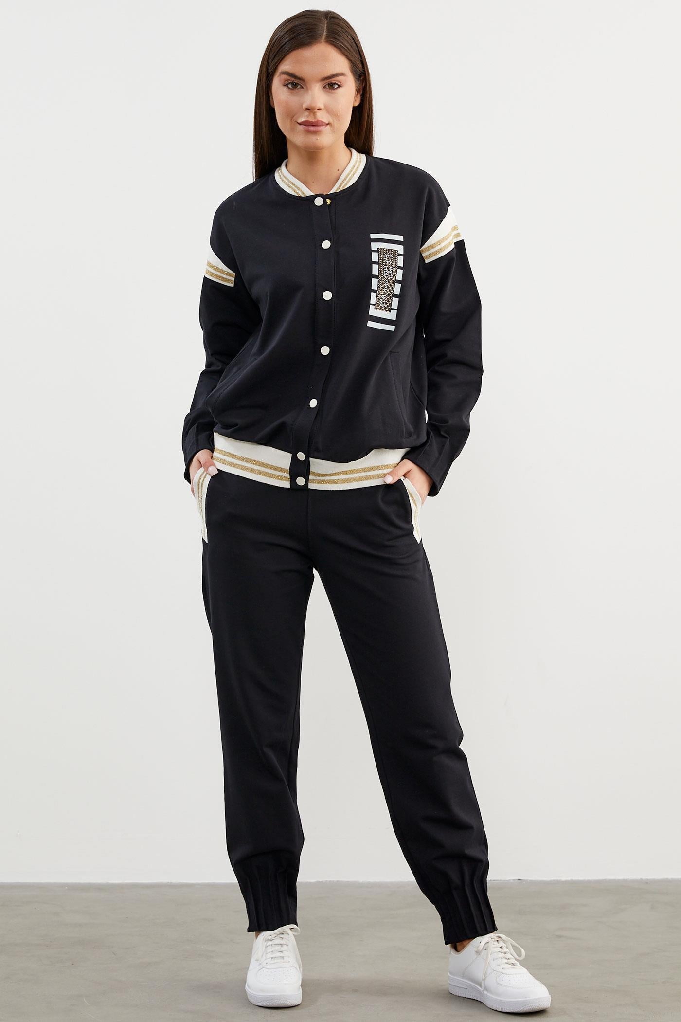 Örme Detaylı Paçası Piliseli Eşofman Takım - Siyah (1) Sementa