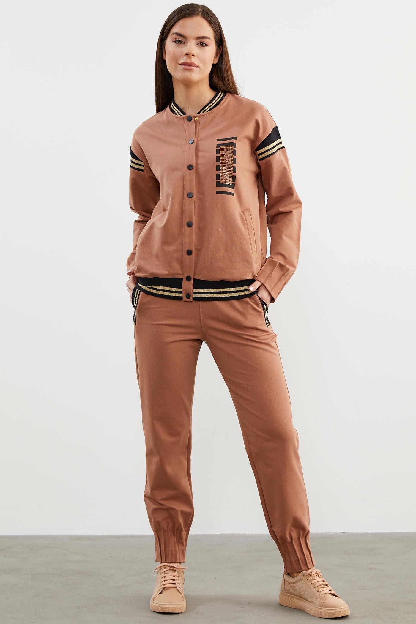 Örme Detaylı Paçası Piliseli Eşofman Takım - Sütlü Kahve (1) Sementa