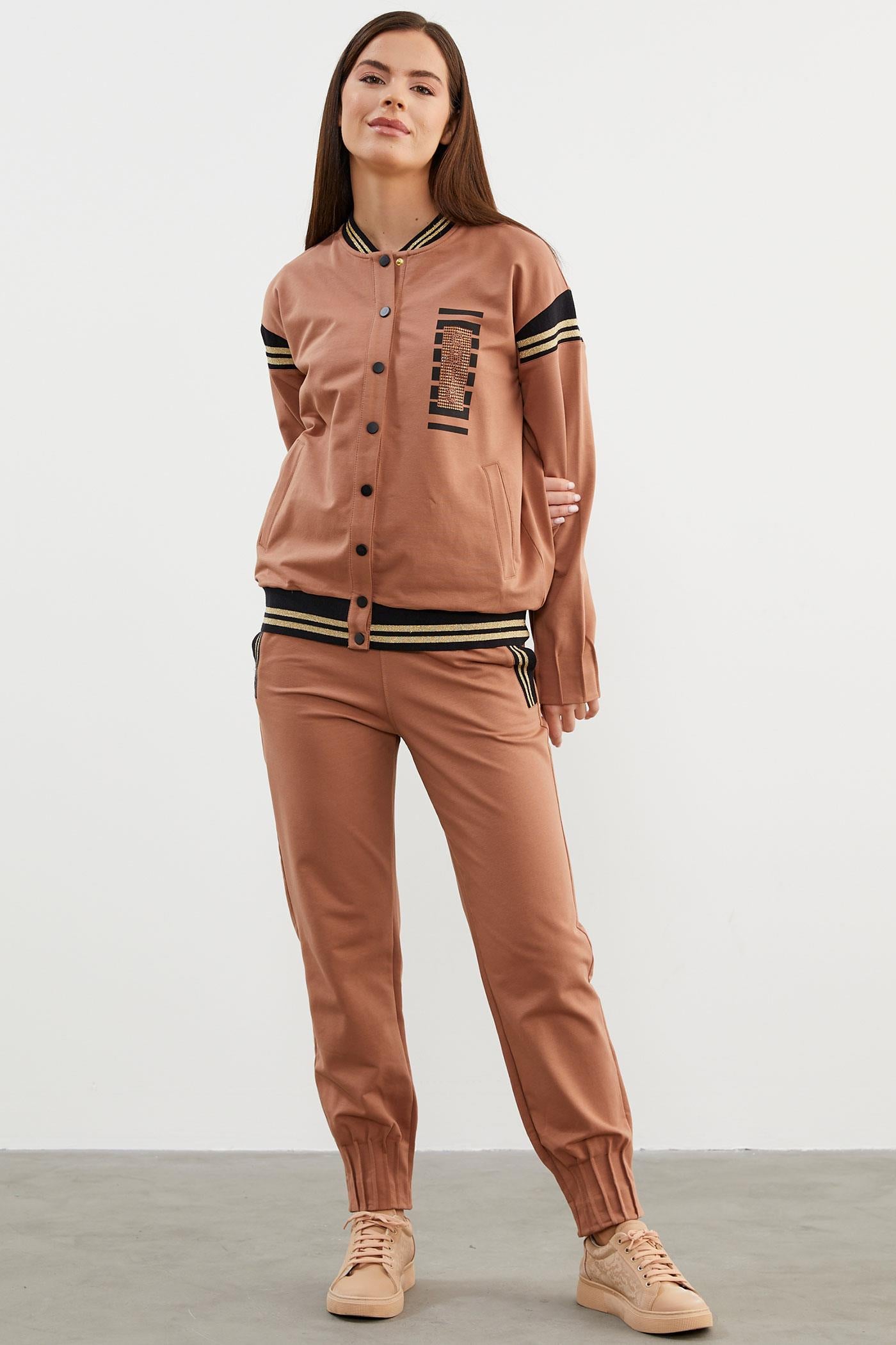Örme Detaylı Paçası Piliseli Eşofman Takım - Sütlü Kahve (2) Sementa