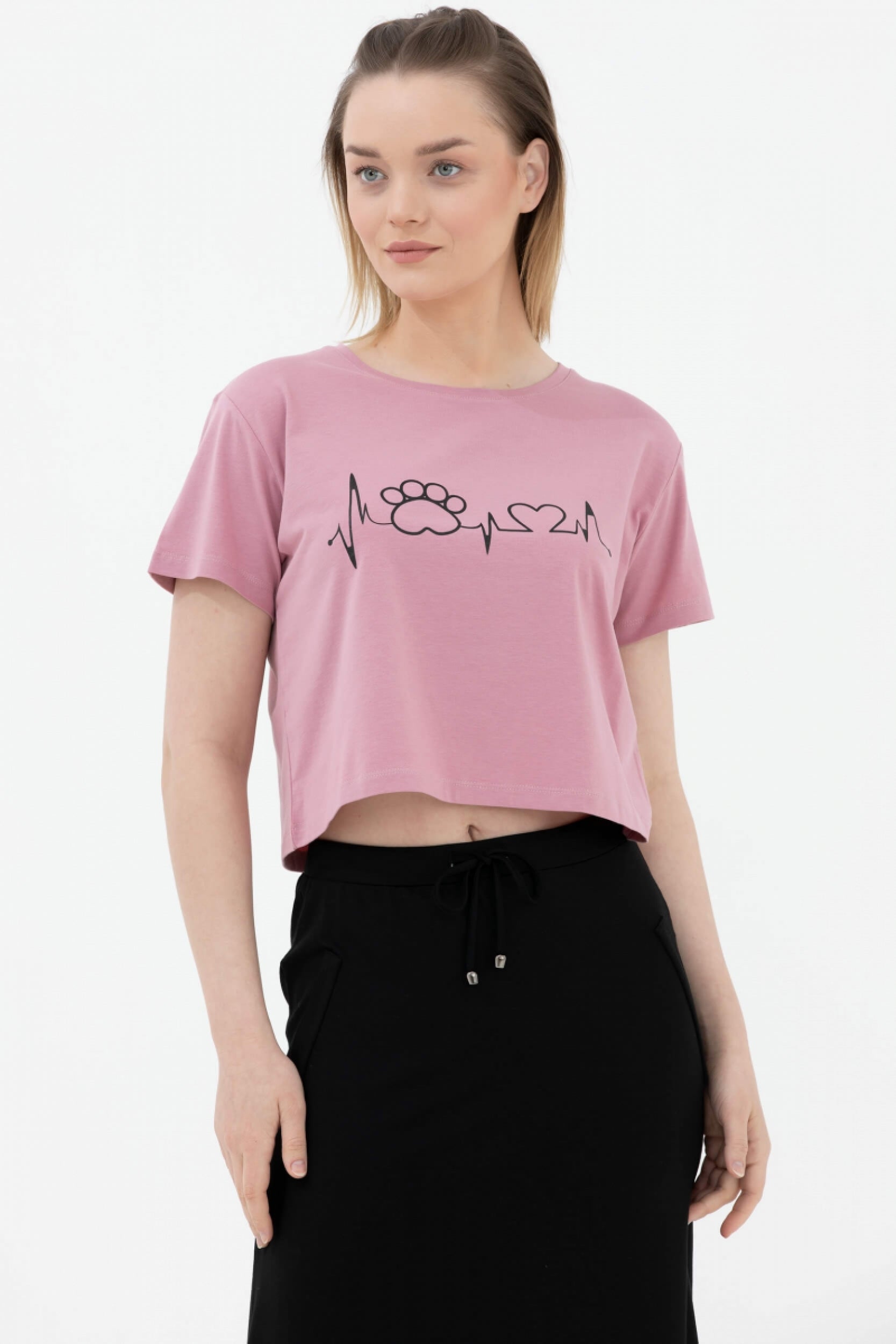 Oversize Basic Baskılı Kısa Tshirt - Gül Kurusu (1) Sementa