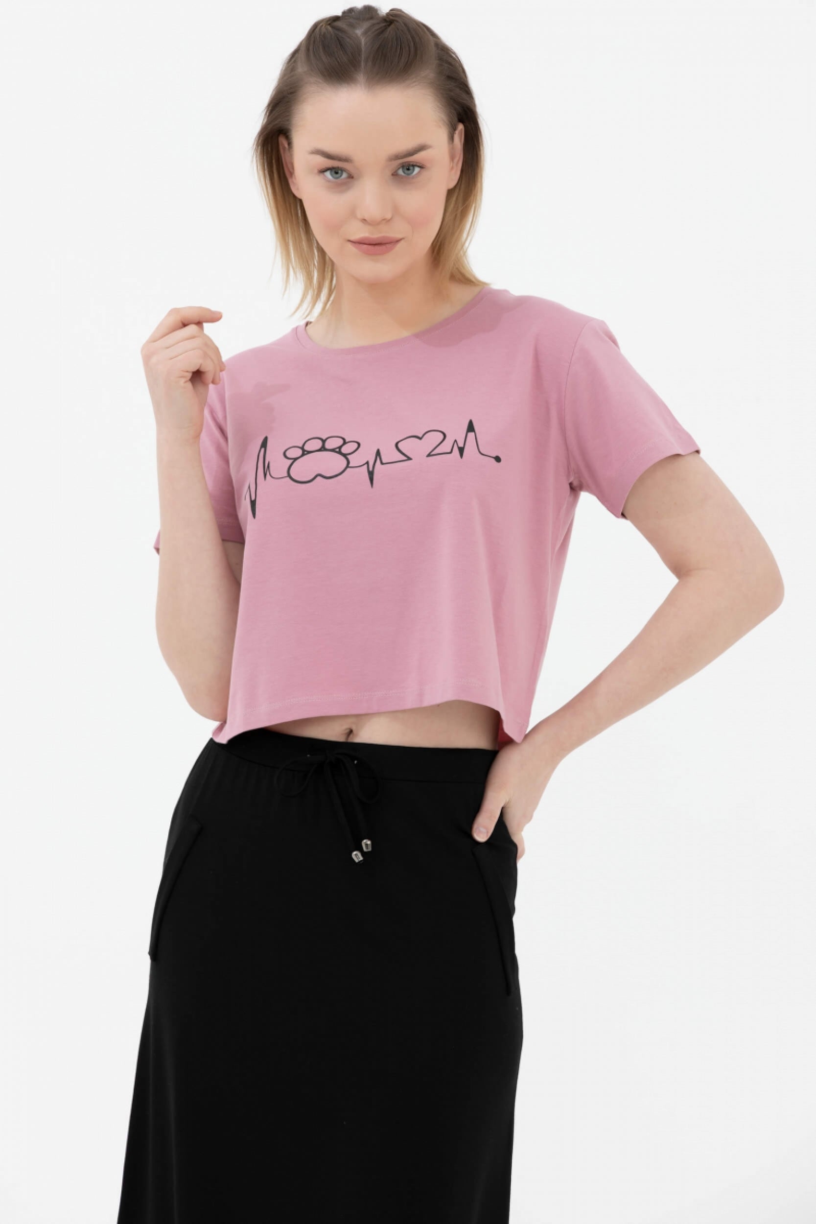 Oversize Basic Baskılı Kısa Tshirt - Gül Kurusu (2) Sementa