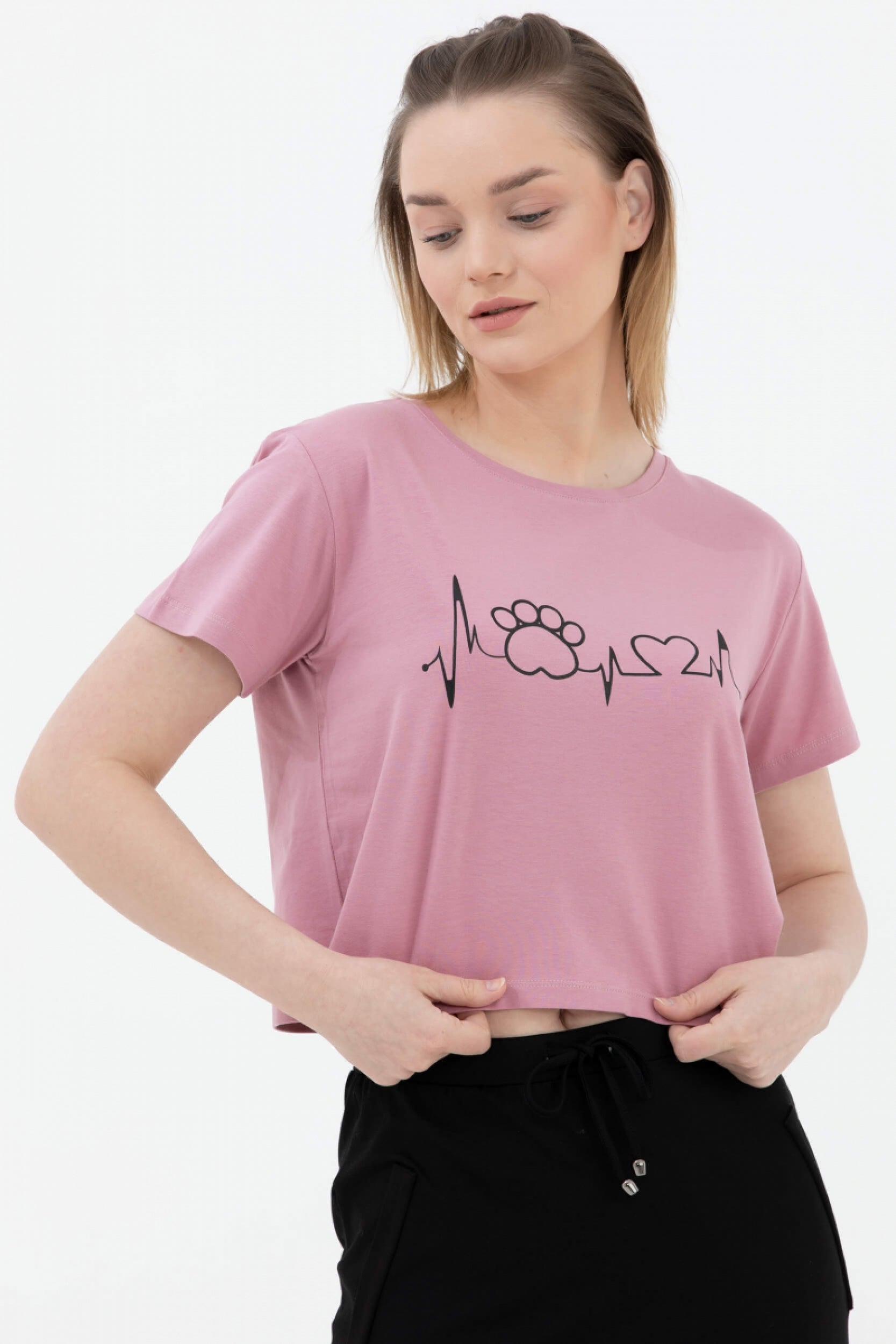 Oversize Basic Baskılı Kısa Tshirt - Gül Kurusu (3) Sementa