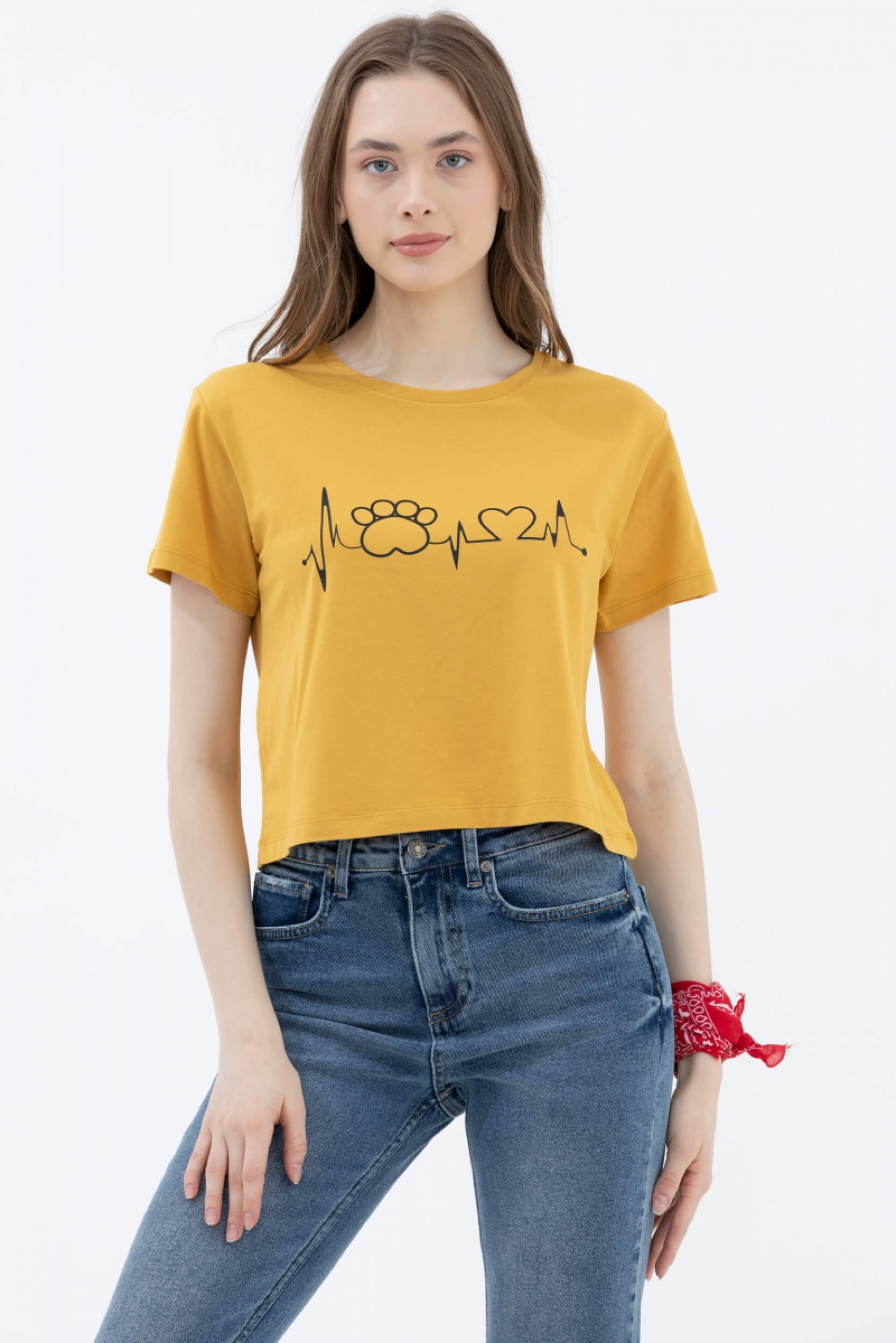 Oversize Basic Baskılı Kısa Tshirt - Hardal (1) Sementa