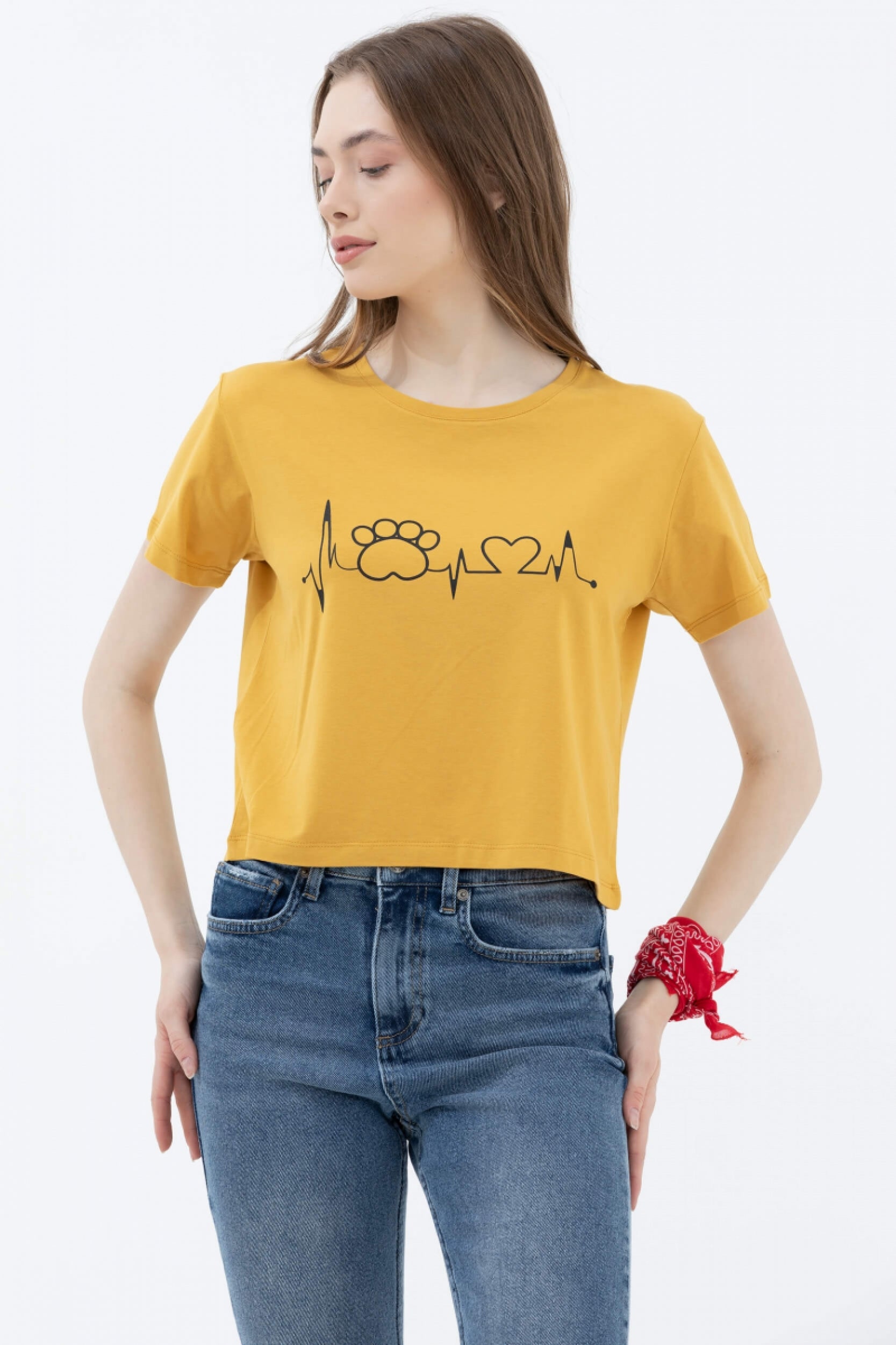 Oversize Basic Baskılı Kısa Tshirt - Hardal (2) Sementa
