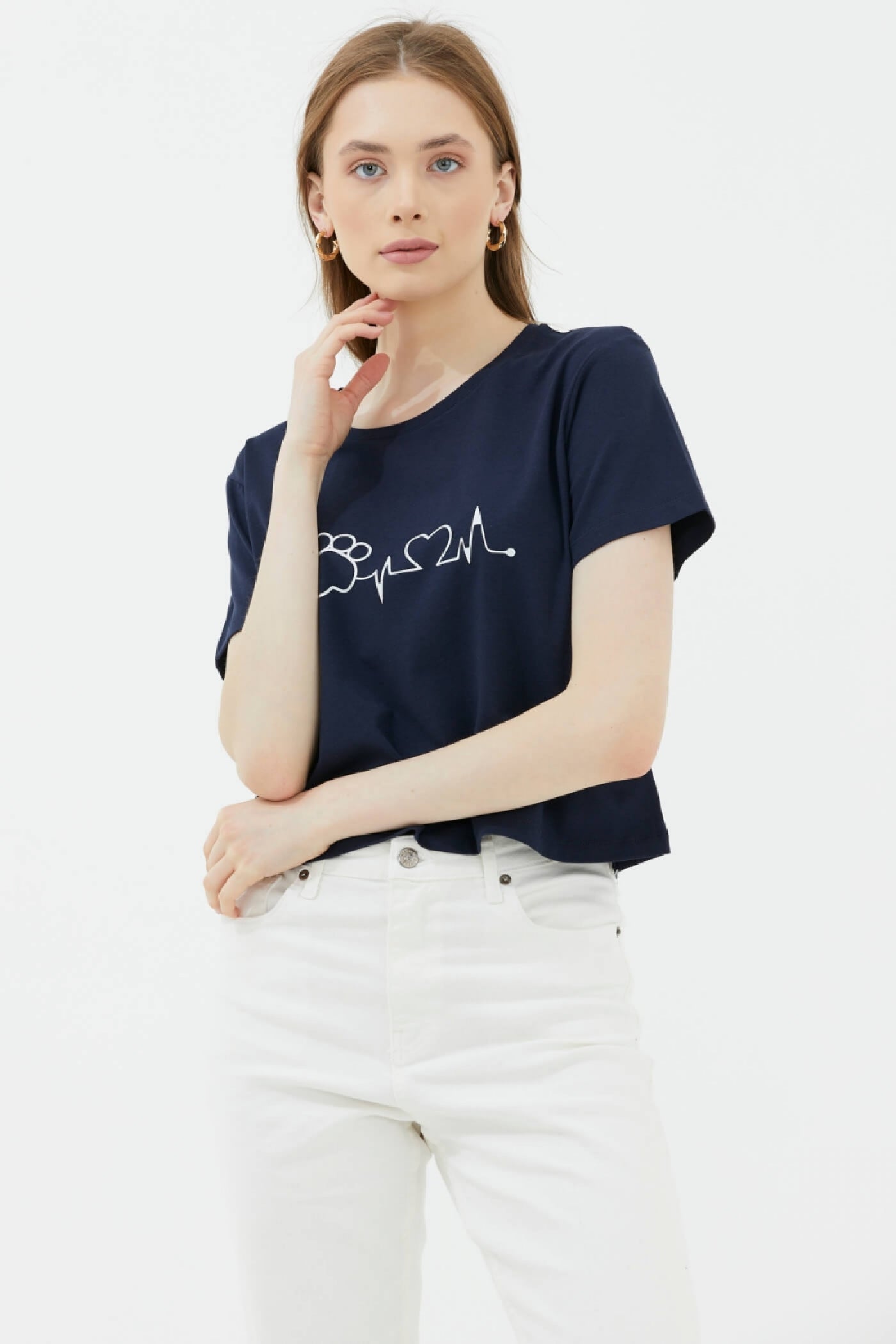 Oversize Basic Baskılı Kısa Tshirt - Lacivert (1) Sementa