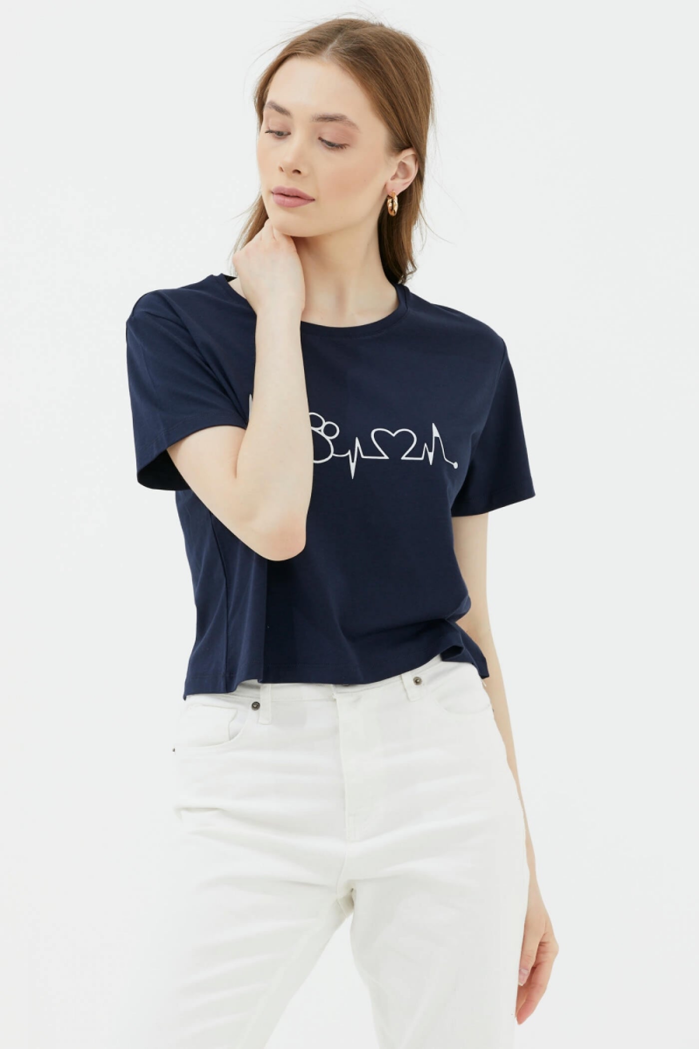 Oversize Basic Baskılı Kısa Tshirt - Lacivert (2) Sementa