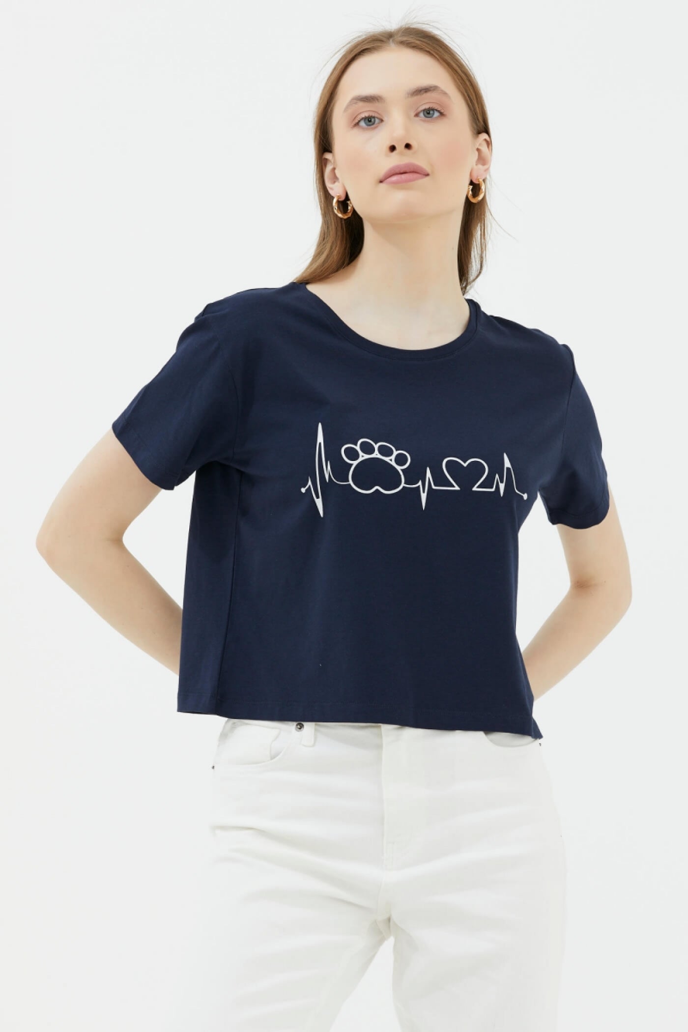 Oversize Basic Baskılı Kısa Tshirt - Lacivert (3) Sementa