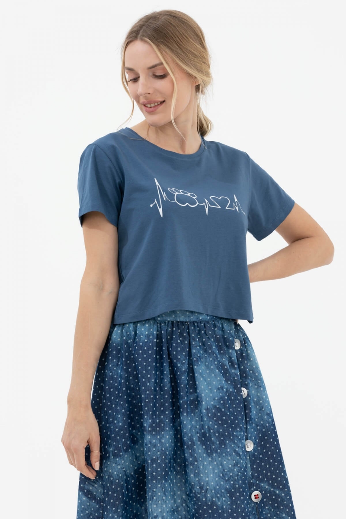 Oversize Basic Baskılı Kısa Tshirt - Mavi (2) Sementa