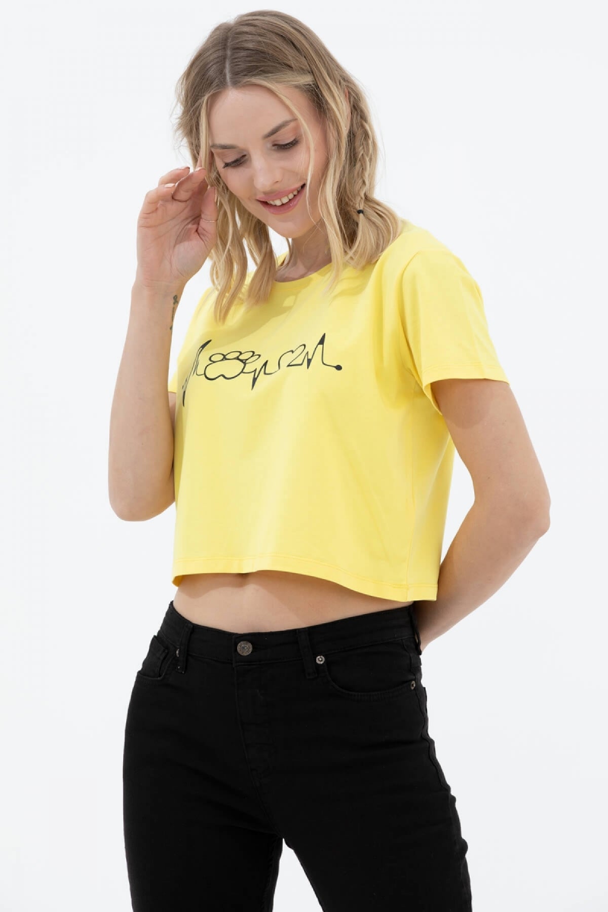 Oversize Basic Baskılı Kısa Tshirt - Sarı (2) Sementa