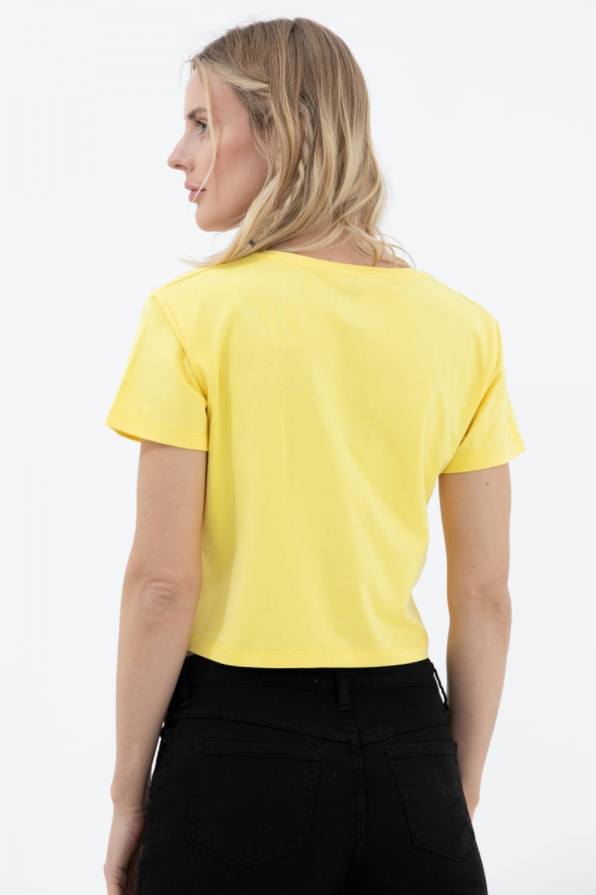 Oversize Basic Baskılı Kısa Tshirt - Sarı (3) Sementa