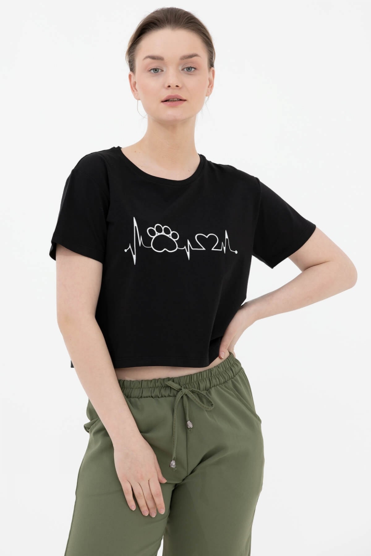 Oversize Basic Baskılı Kısa Tshirt - Siyah (2) Sementa