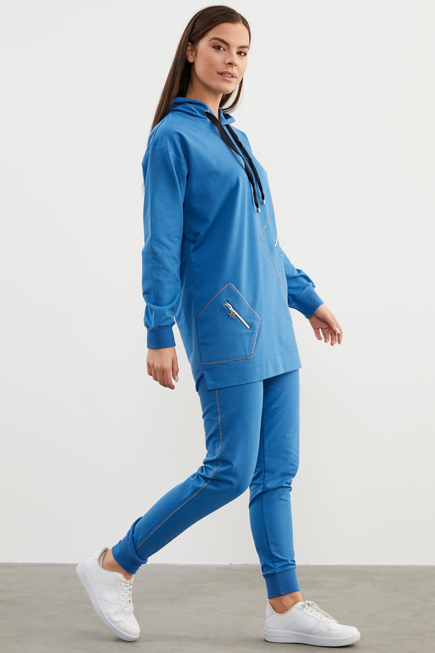 Oversize Kapüşonlu Eşofman Takım - Mavi (3) Sementa
