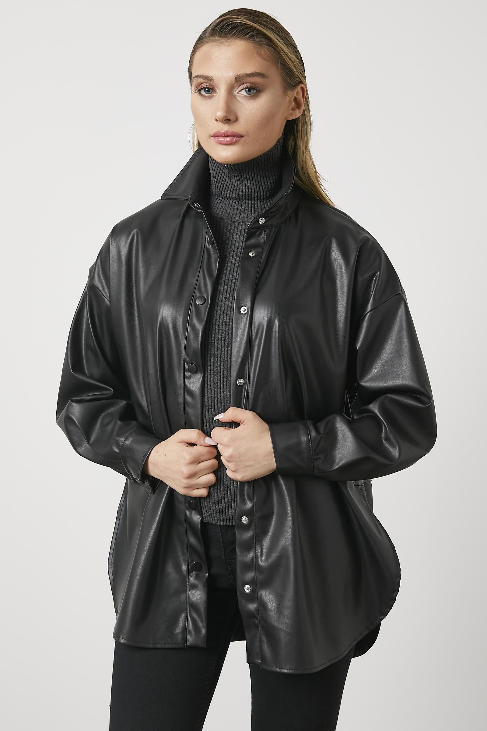 Oversize Suni Deri Gömlek - Siyah (1) Sementa