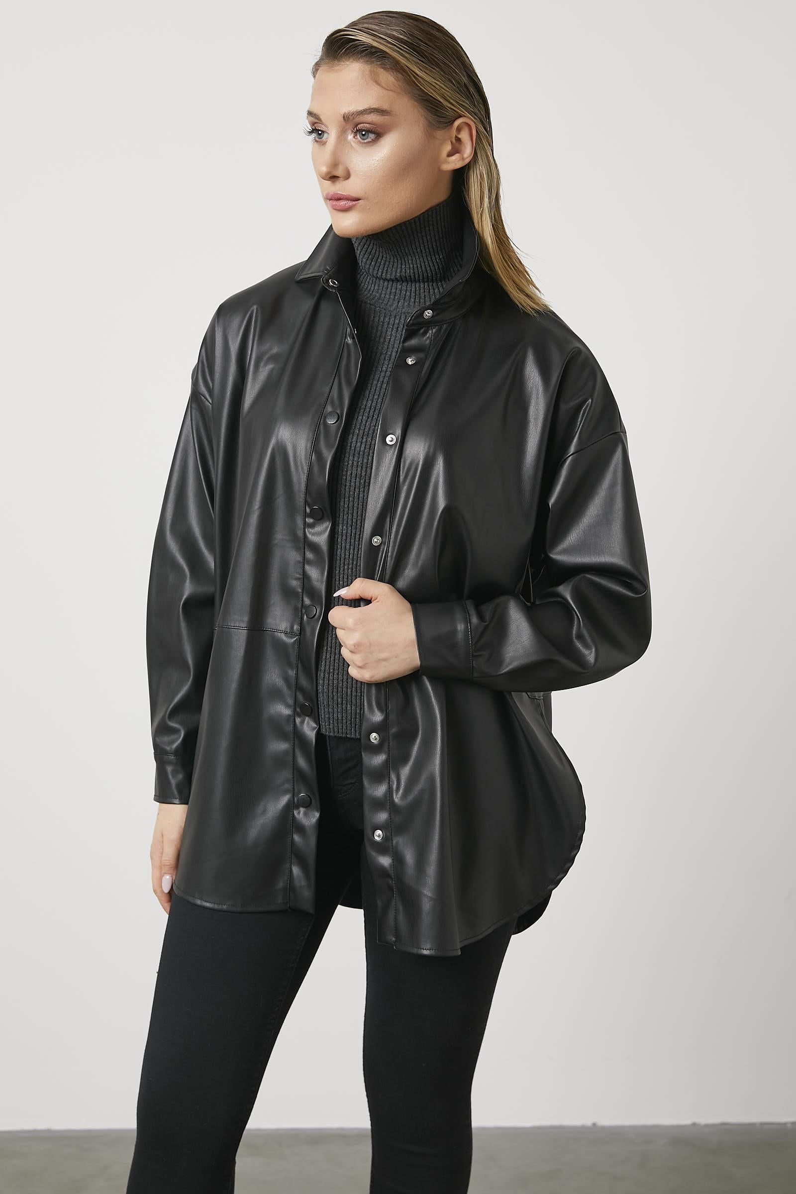 Oversize Suni Deri Gömlek - Siyah (2) Sementa