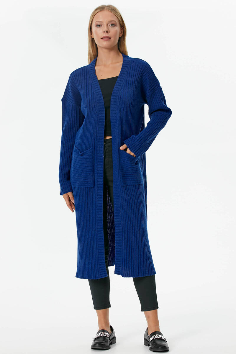 Oversize Uzun Triko Hırka - Saks (2) Sementa