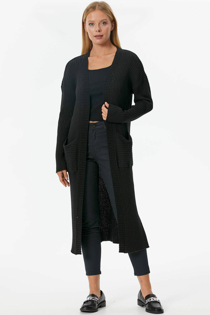 Oversize Uzun Triko Hırka - Siyah (1) Sementa