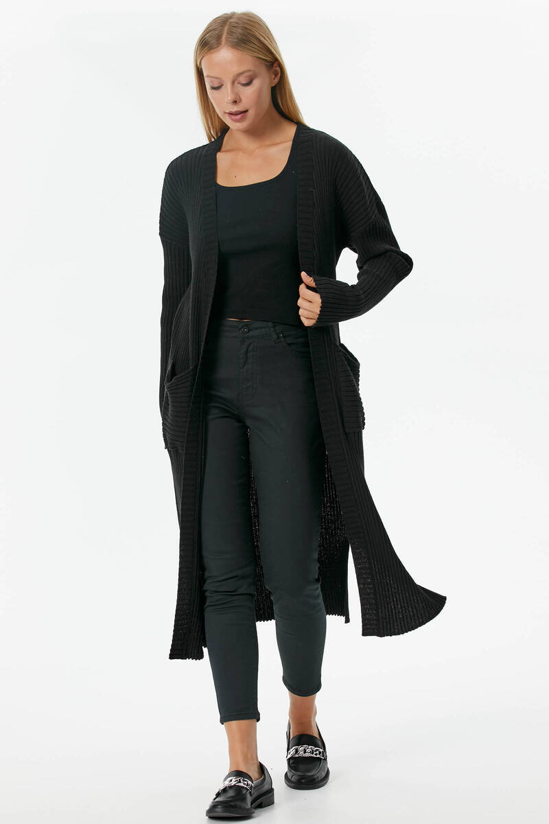 Oversize Uzun Triko Hırka - Siyah (2) Sementa