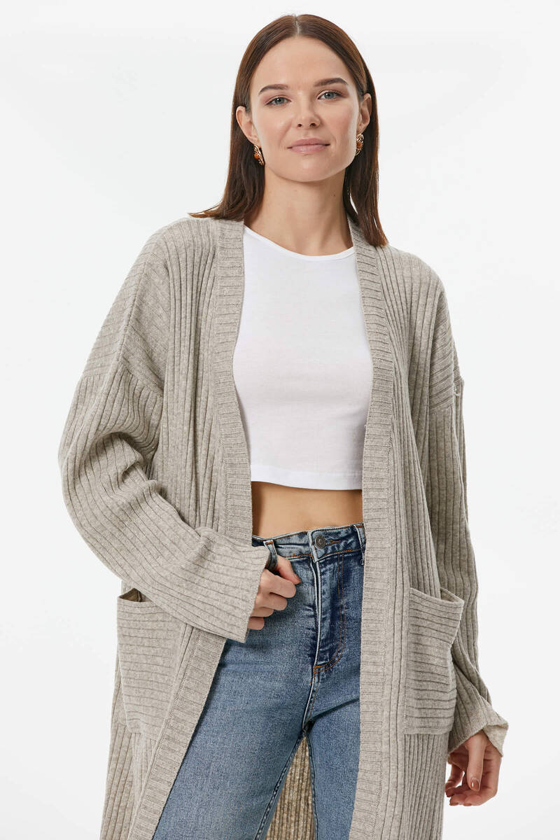 Oversize Uzun Triko Hırka - Vizon (2) Sementa